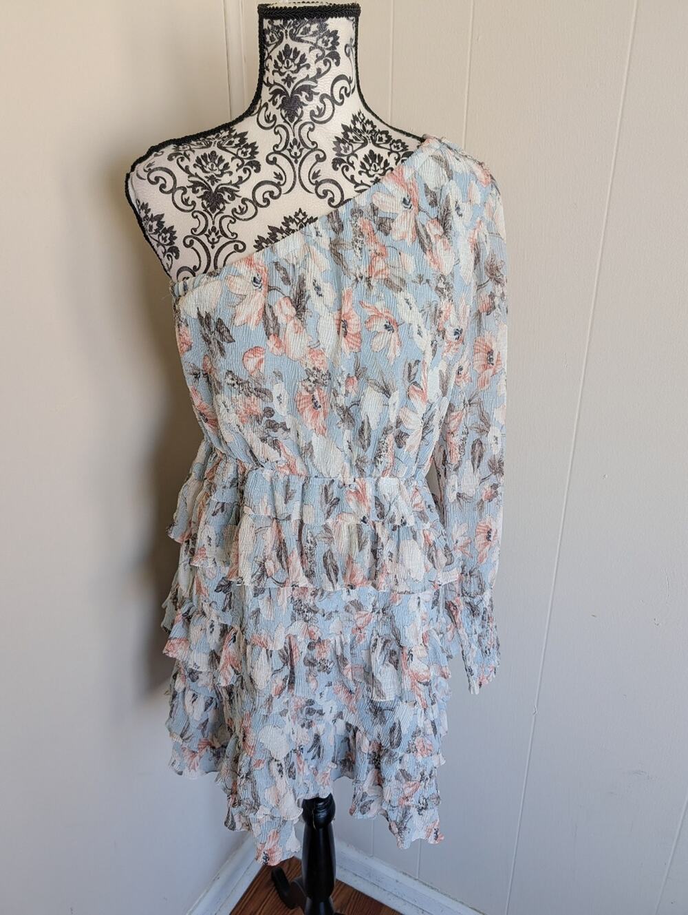 The Vintage Shop One Shoulder Long Sleeve Tiered Floral Print Mini Dress